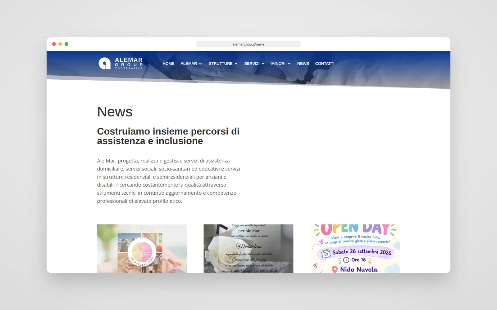 La sezione news del sito Alemar, aggiornata dalla cooperativa