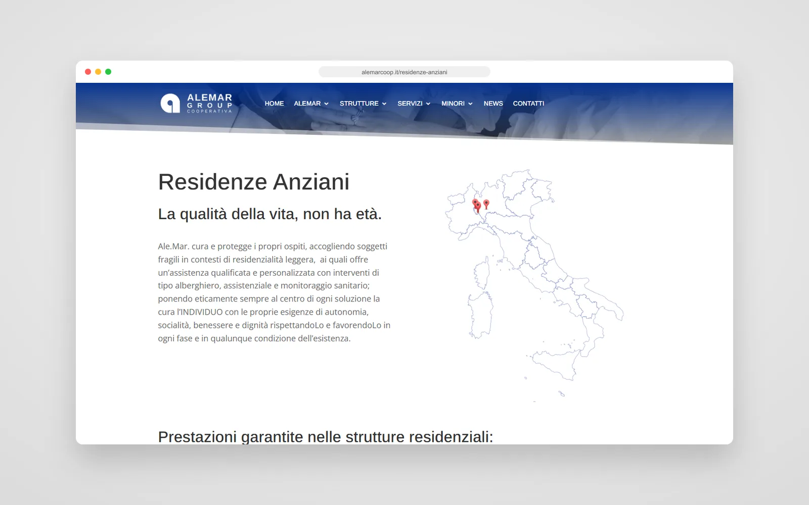 La pagina Residenze Anziani del sito Alemar, con la mappa delle strutture e le prestazioni