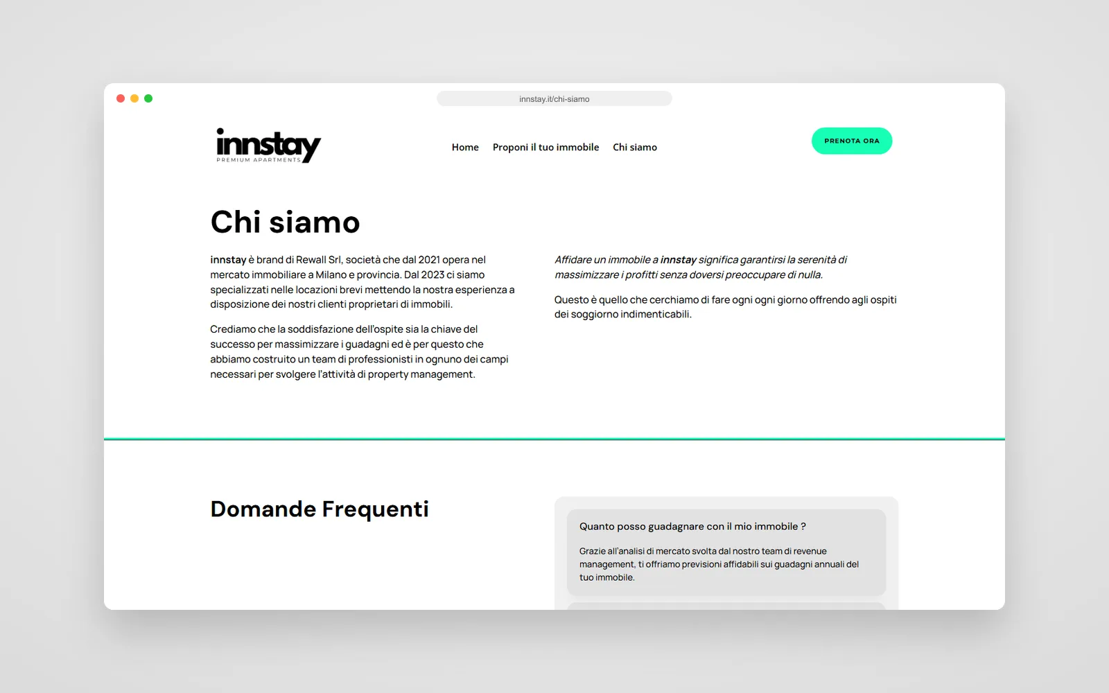 La pagina Chi siamo del sito innstay con le domande frequenti