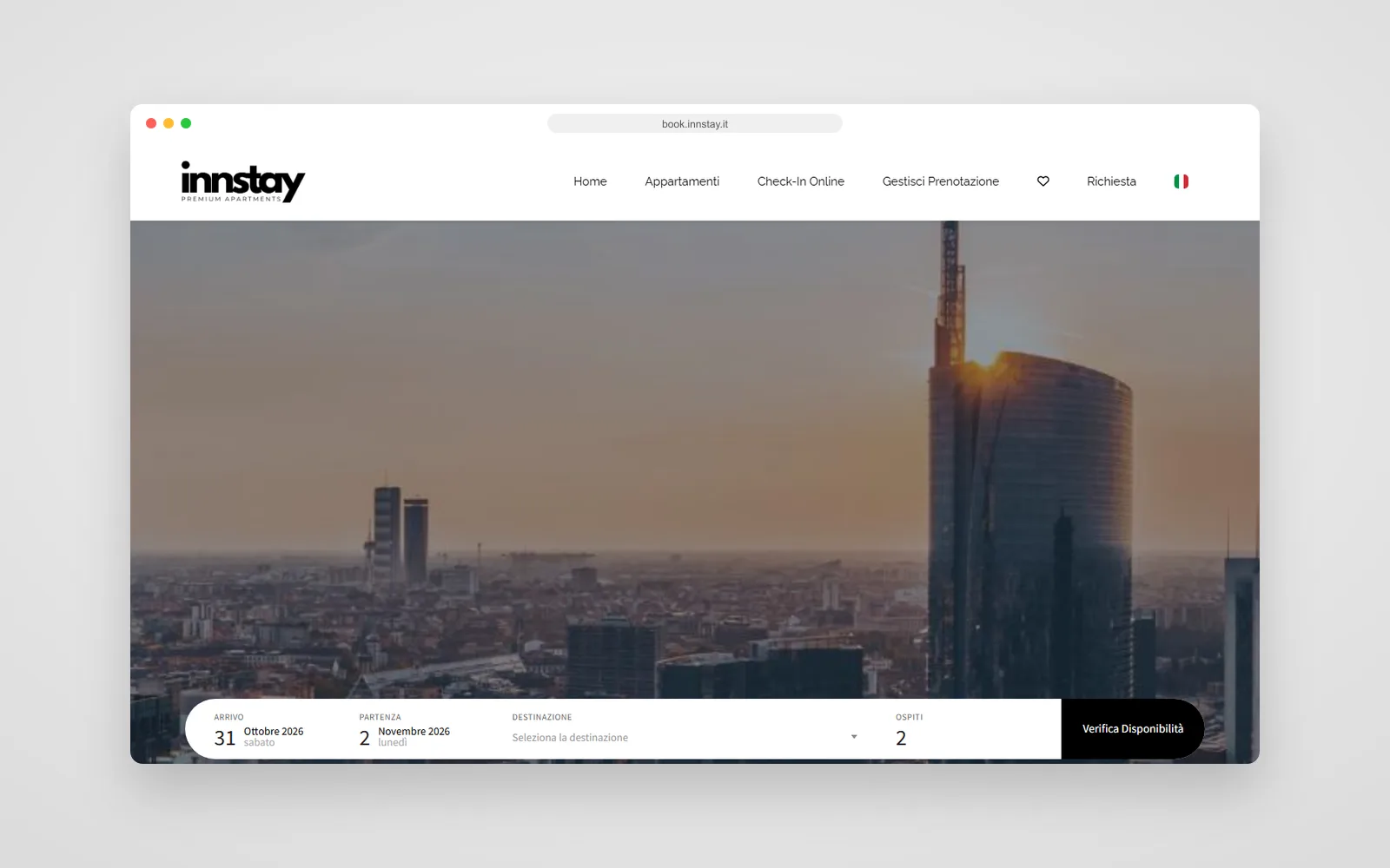 Il portale di prenotazione innstay con la ricerca per date e ospiti
