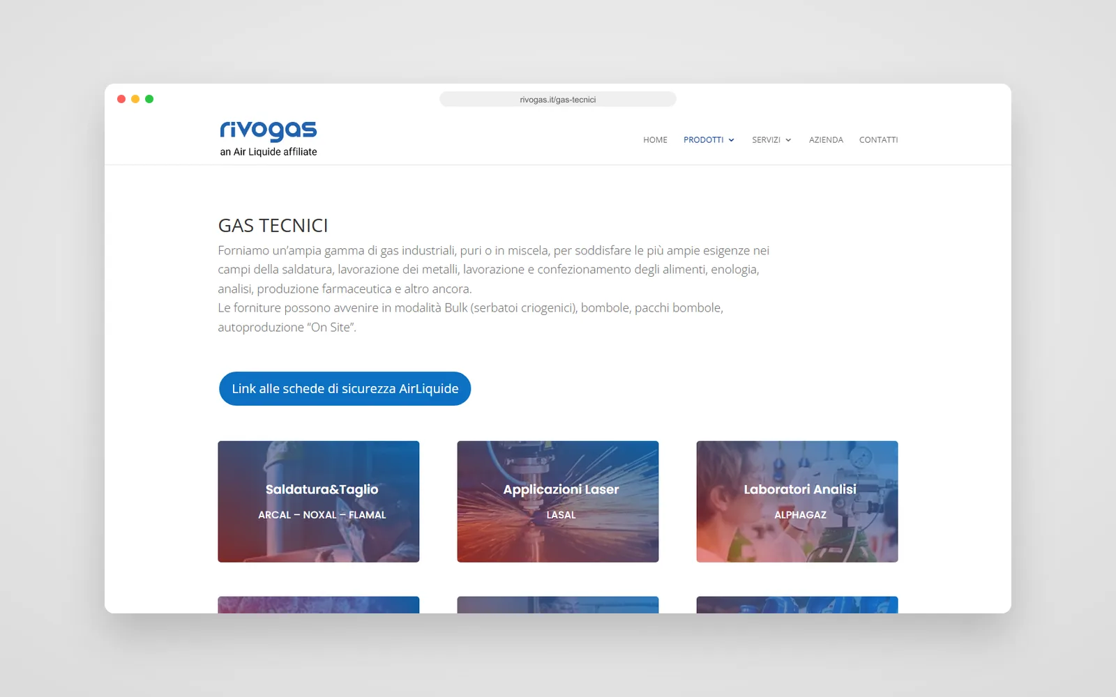 La pagina Gas tecnici del sito Rivogas, organizzata per settore di applicazione