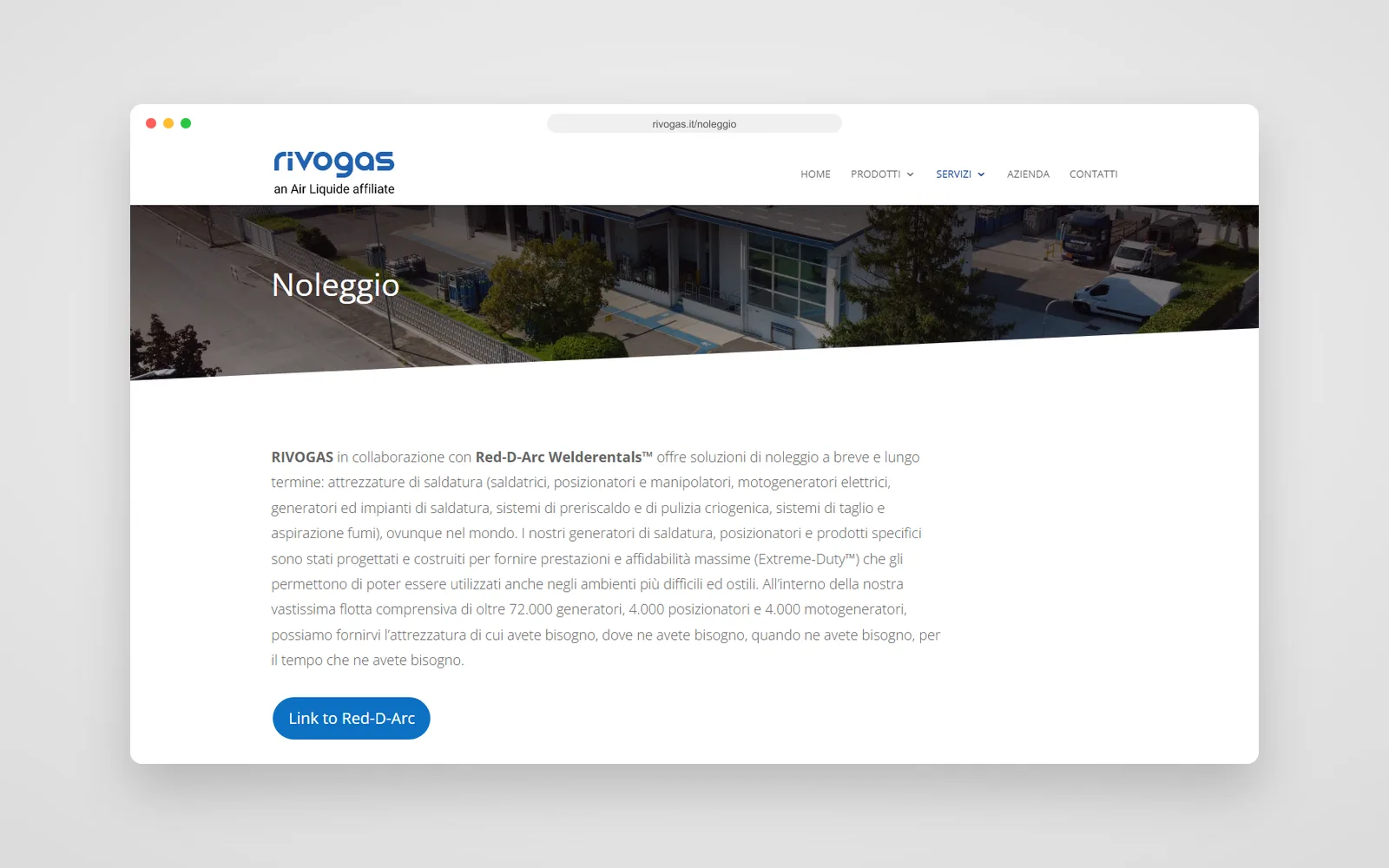 La pagina Noleggio del sito Rivogas con il modulo di contatto