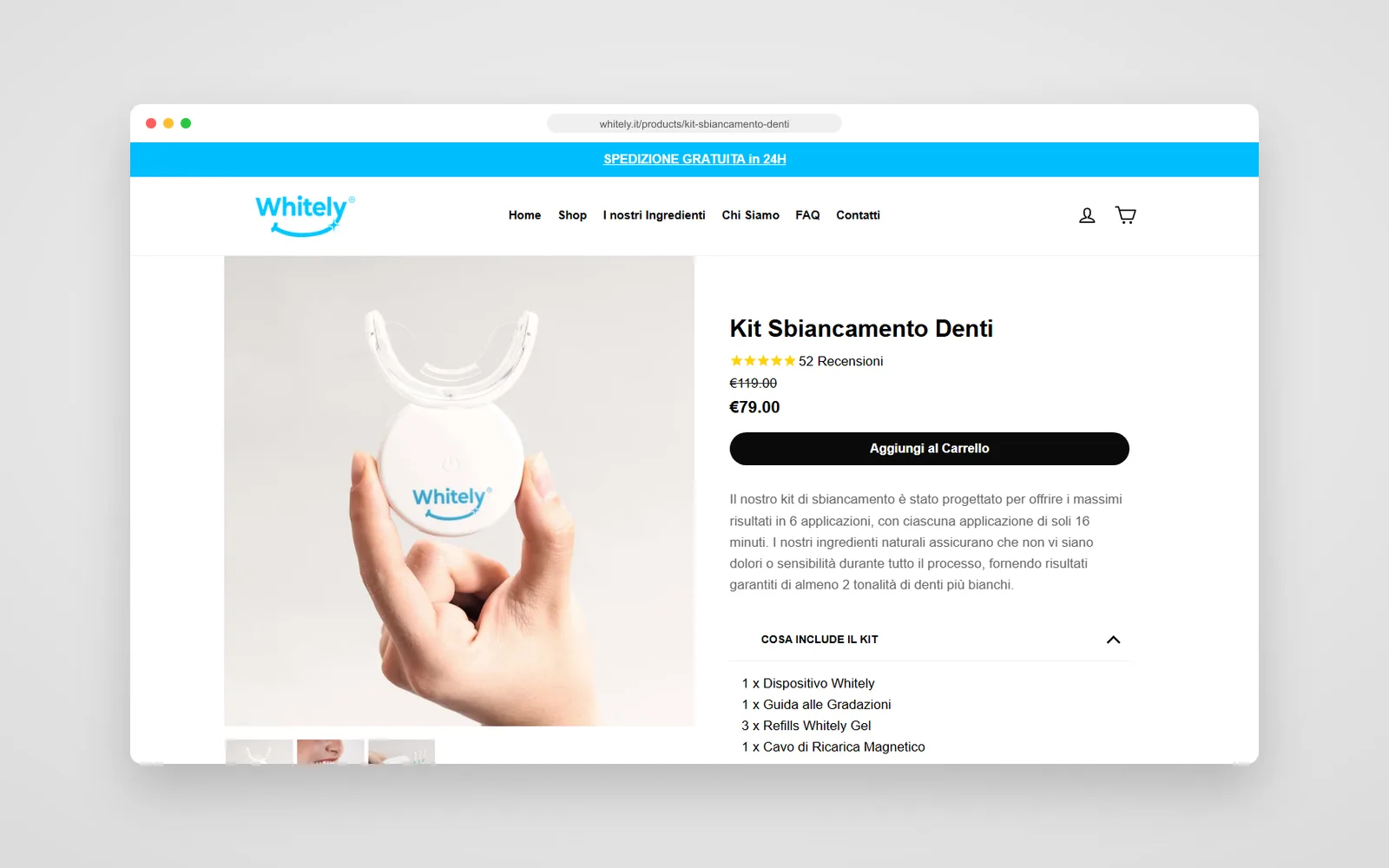 La scheda prodotto del kit Whitely, con prezzo, recensioni e contenuto del kit